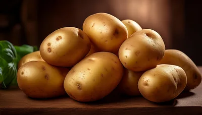 Fresh Raw Potatoes Stacked On A Wooden Surface
