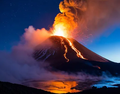 Volcanic Eruption With Lava Flow At Night