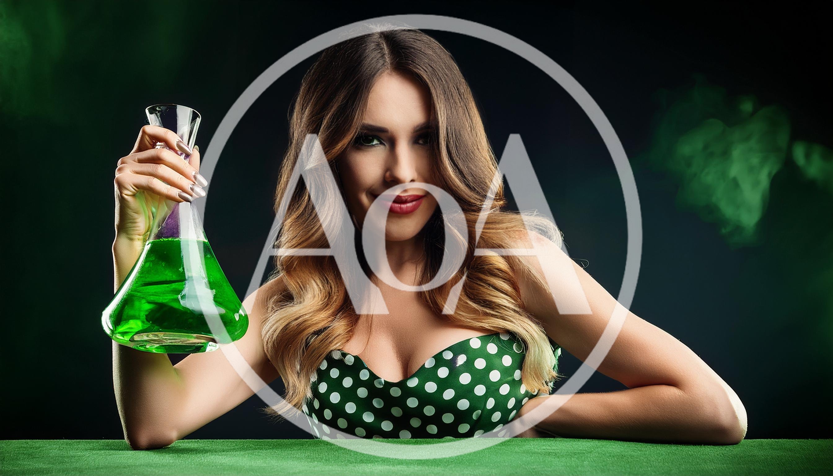 Woman Holding Green Potion Flask In Studio