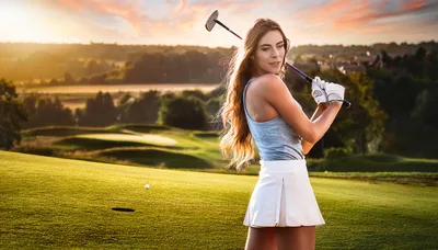 Young Woman Golfer Posing With Club On Golf Course