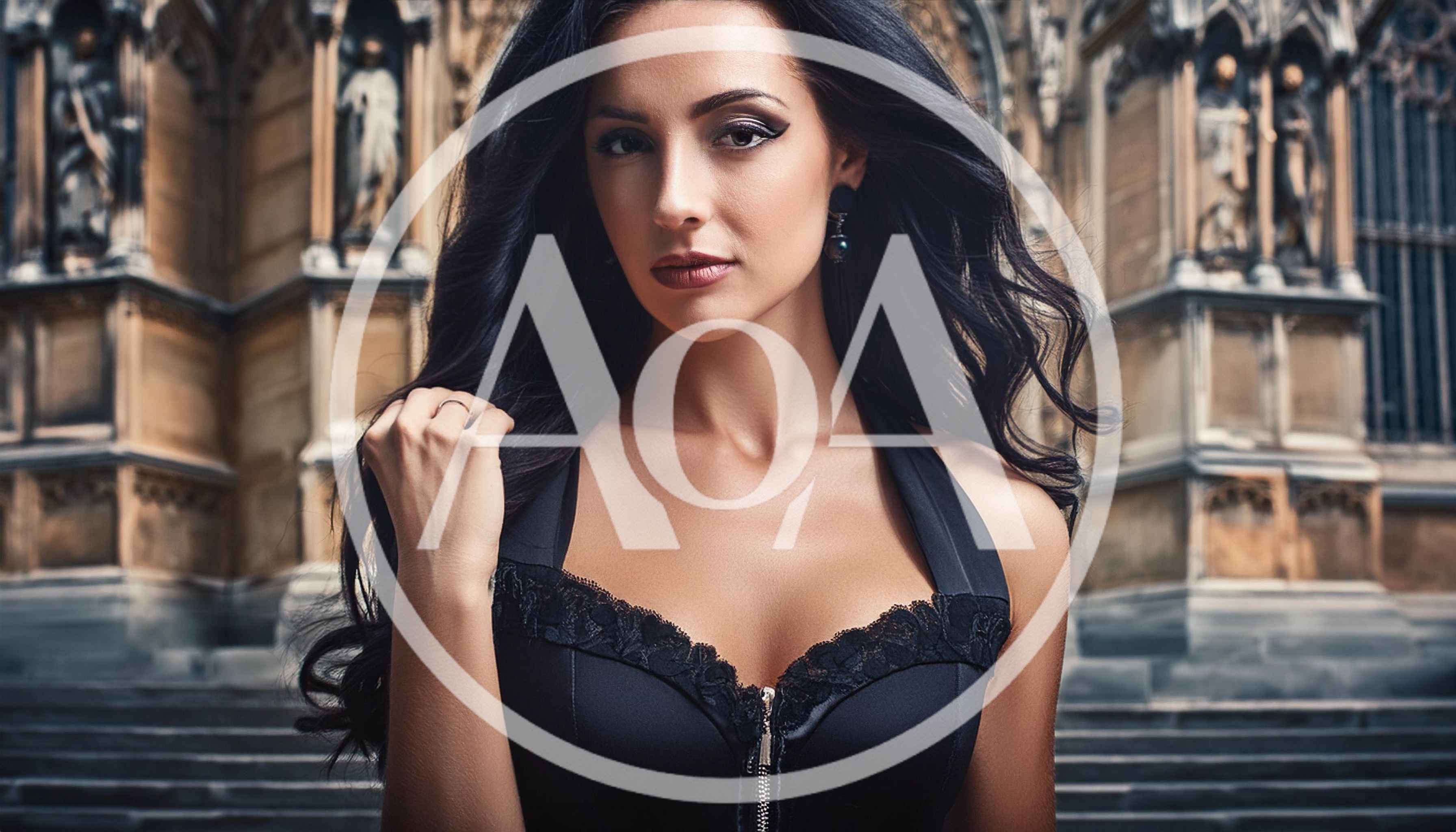 Elegant Woman Posing In Front Of Gothic Cathedral