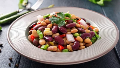 Fresh Three Bean Salad in a Ceramic Bowl