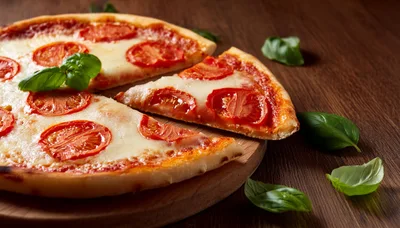 Fresh Margherita Pizza With Basil Leaves On Wooden Board