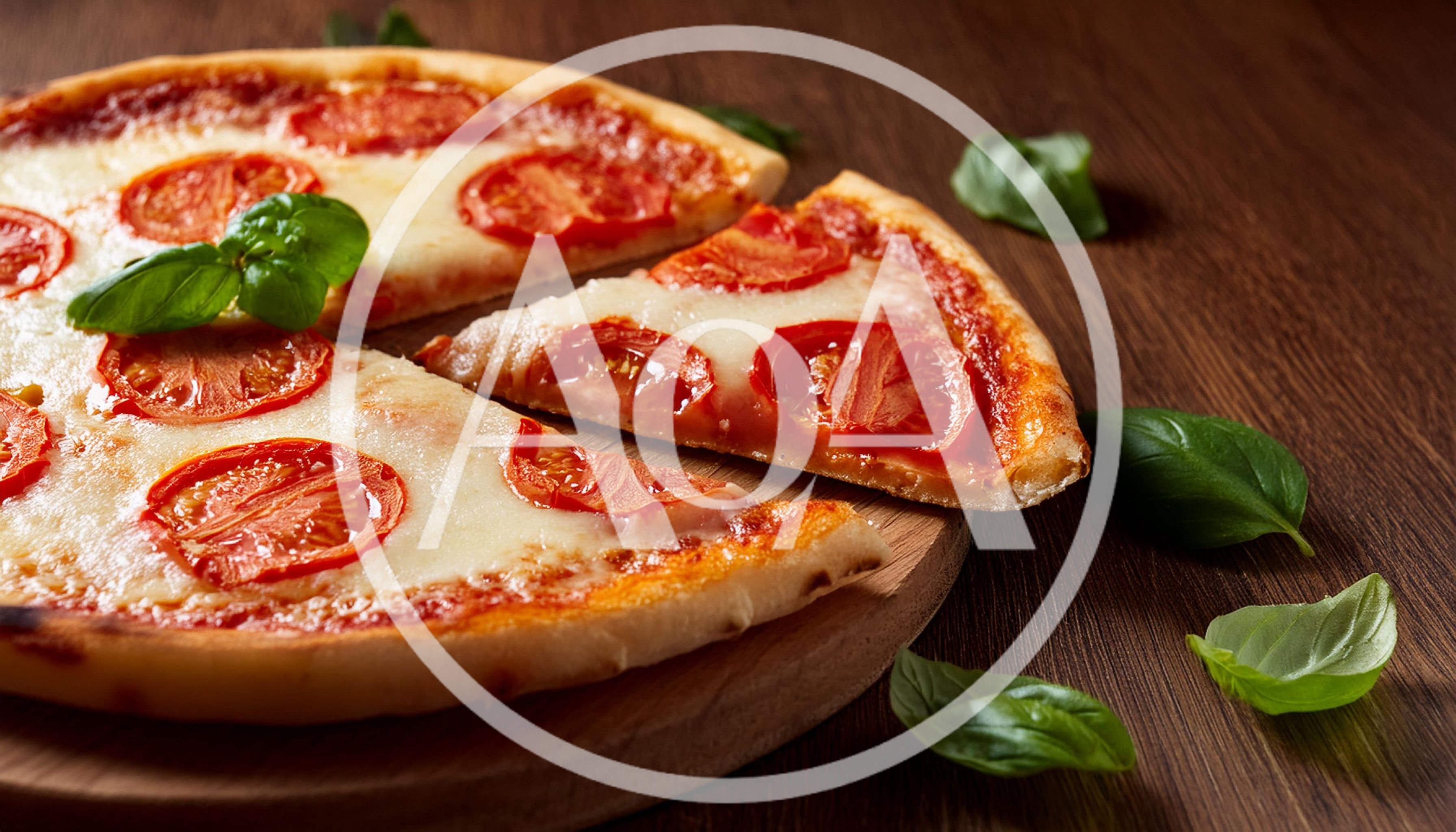 Fresh Margherita Pizza With Basil Leaves On Wooden Board