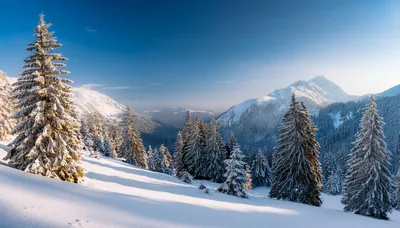 Snow Covered Pine Trees In A Mountain Landscape