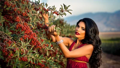 Beautiful Woman Picking Red Berries in a Sunny Orchard