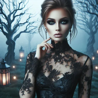 Gothic Woman in Lace Dress Standing in Misty Forest