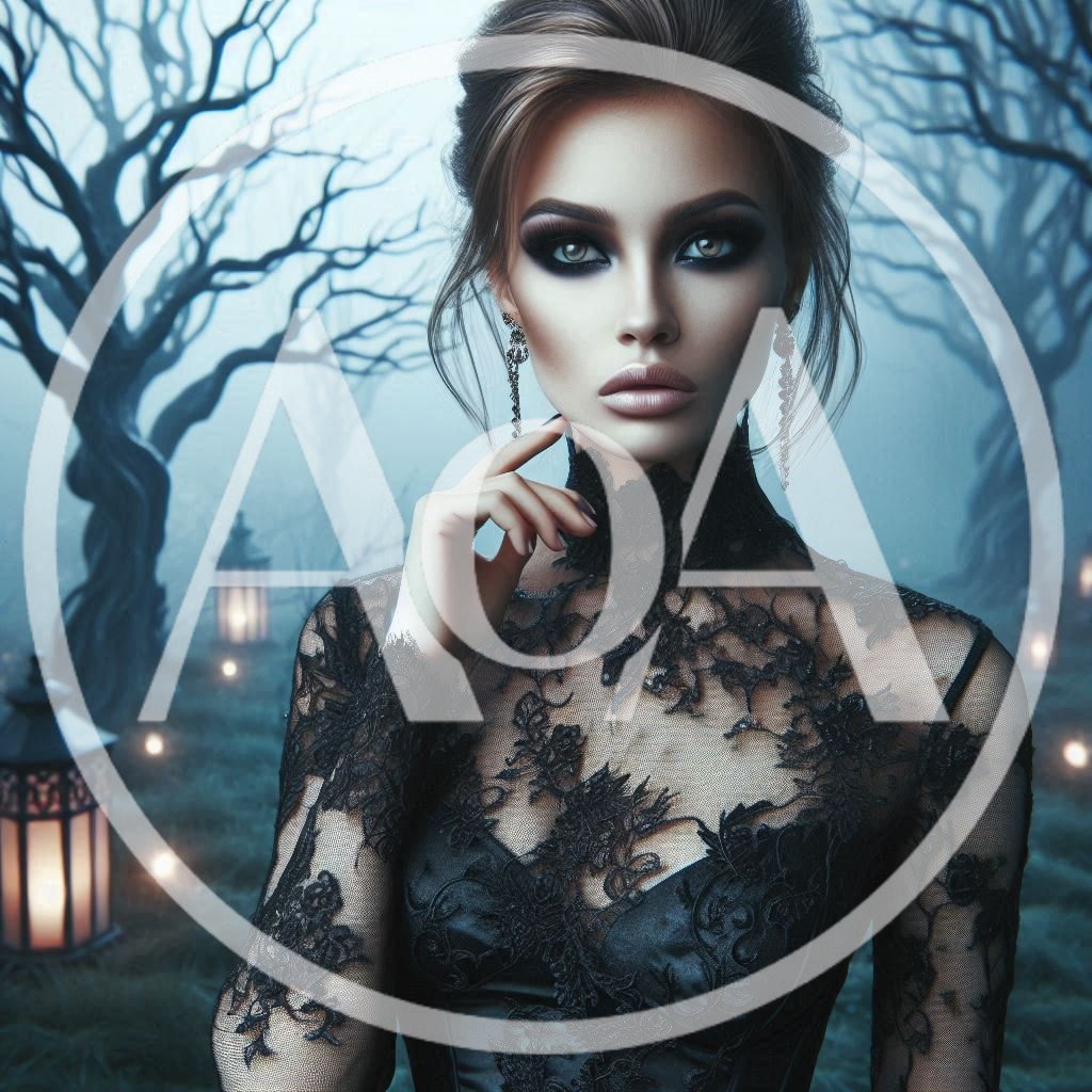 Gothic Woman in Lace Dress Standing in Misty Forest