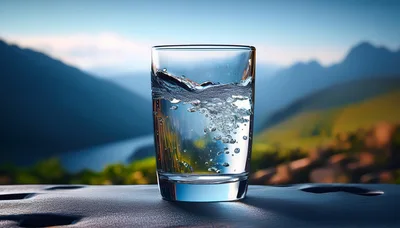 Glass Of Water With Bubbles Against Mountain Landscape