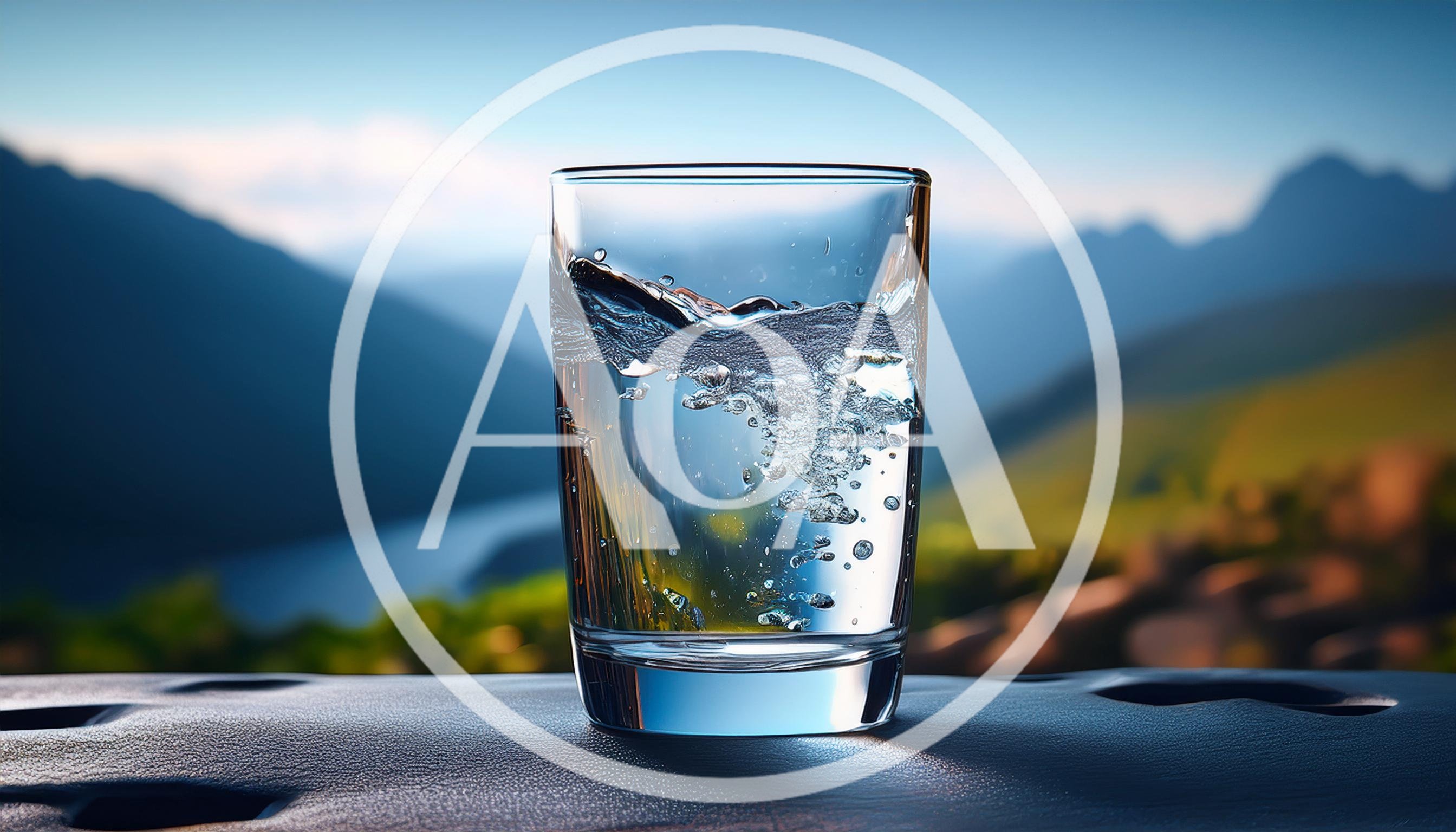 Glass Of Water With Bubbles Against Mountain Landscape