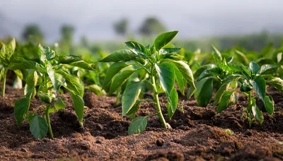 Young Bell Pepper Plants Growing In Fertile Soil