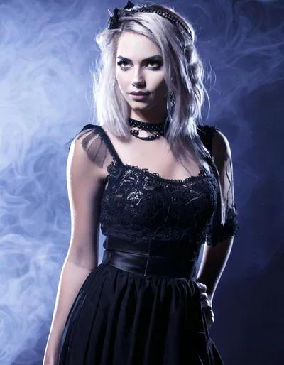 Gothic Woman With Silver Hair In Black Lace Dress