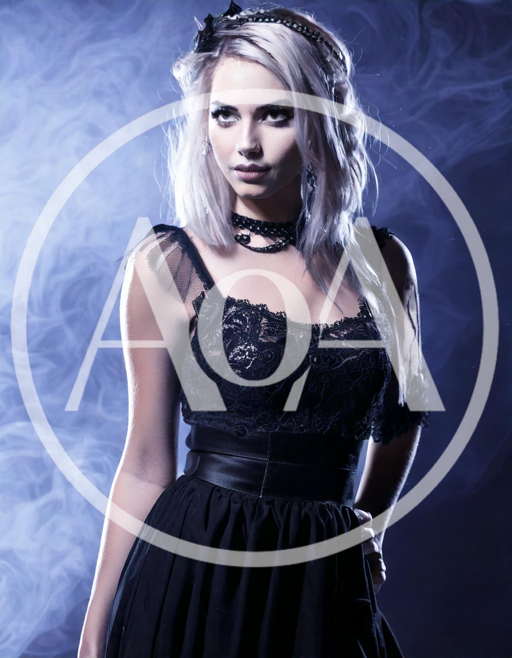 Gothic Woman With Silver Hair In Black Lace Dress