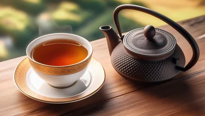 Tea Cup And Cast Iron Teapot On Wooden Table
