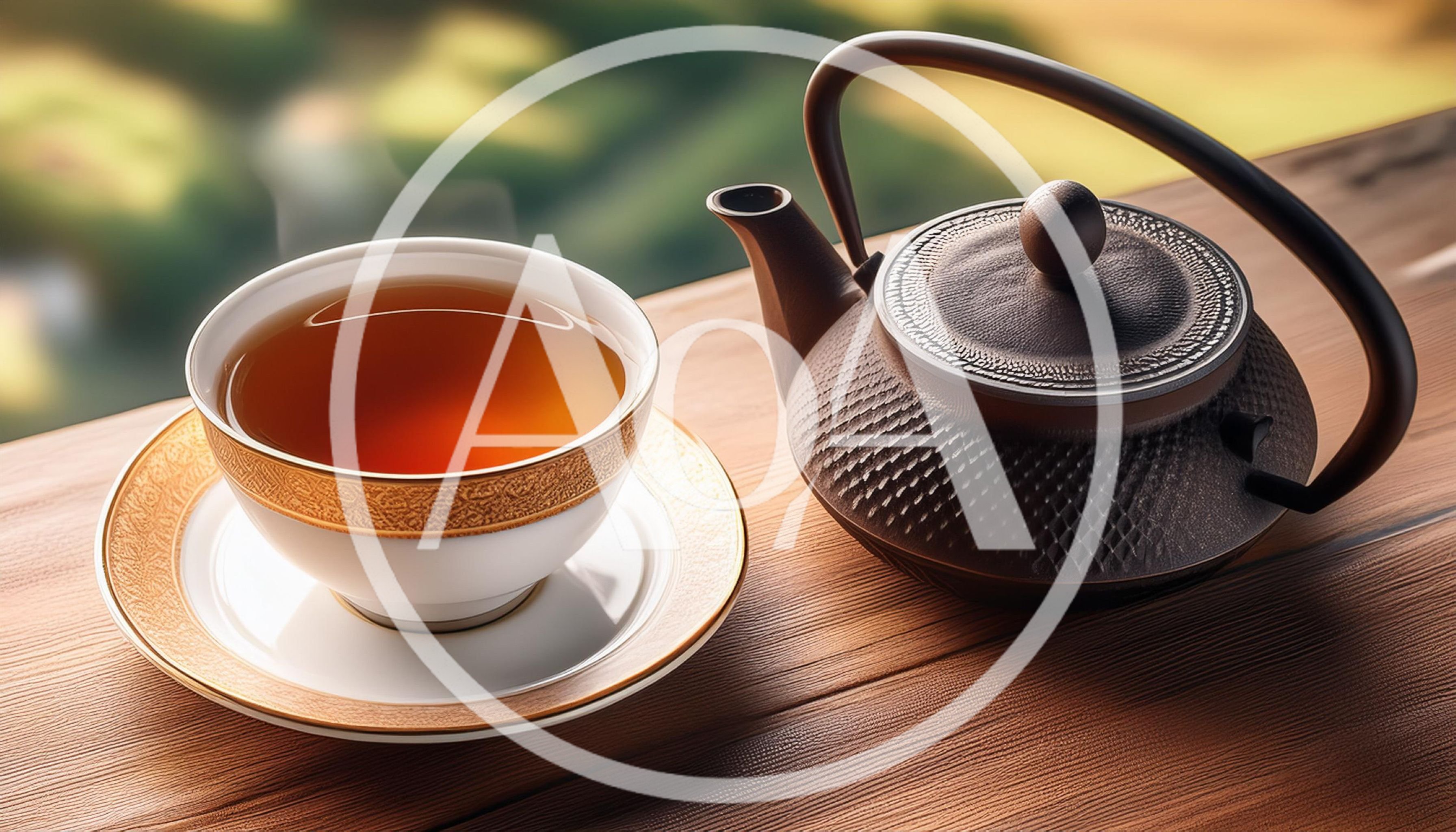 Tea Cup And Cast Iron Teapot On Wooden Table