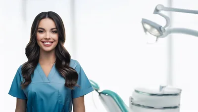 Smiling Female Dentist In Professional Scrubs