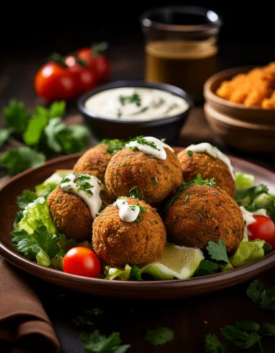 Fresh Falafel Balls Served With Creamy Sauce And Vegetables