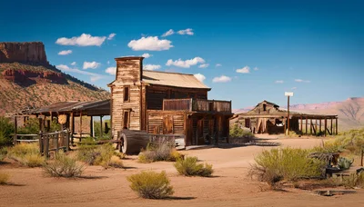 Abandoned Wooden Western Town Buildings In Desert Landscape