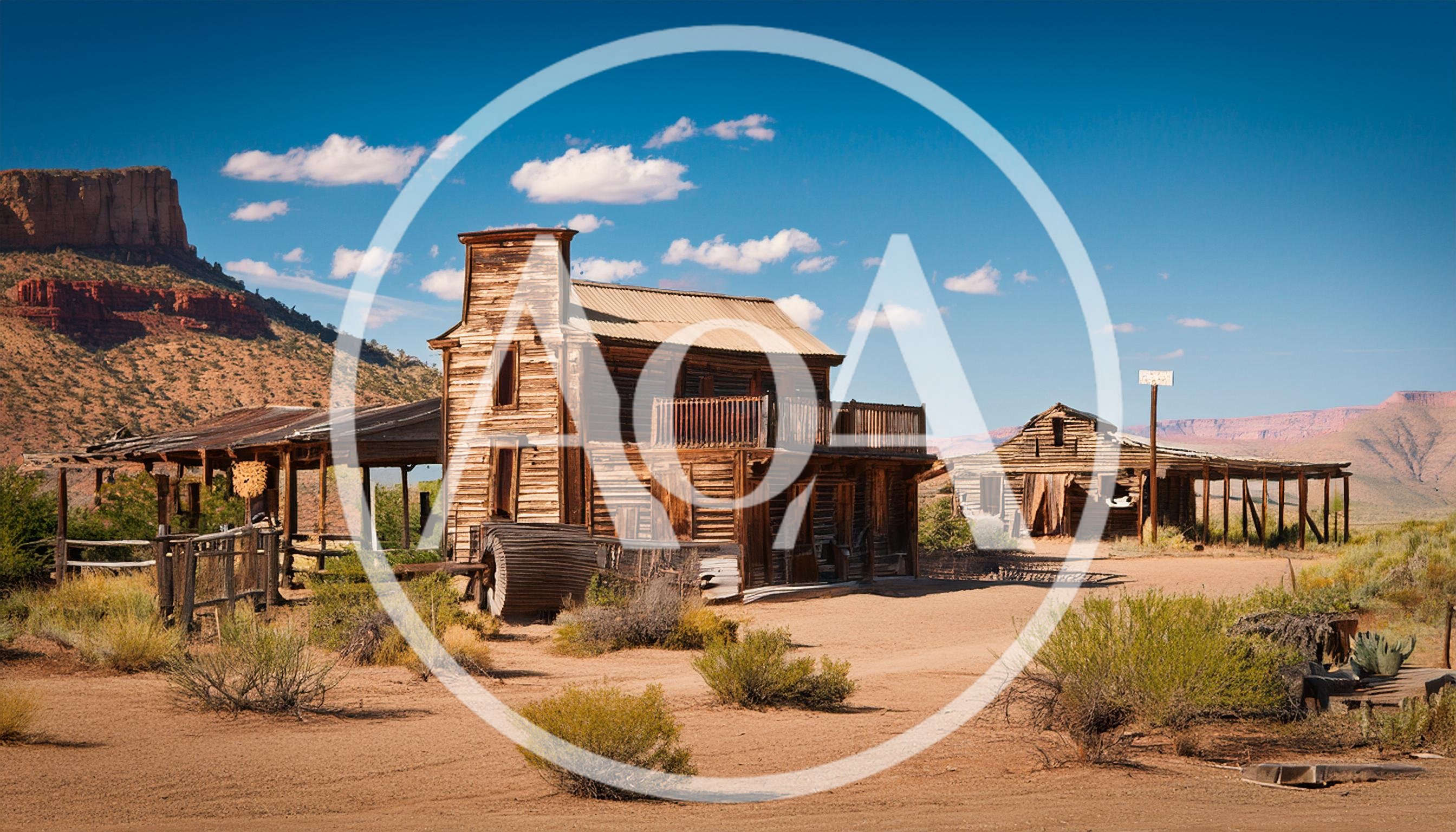 Abandoned Wooden Western Town Buildings In Desert Landscape