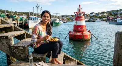 Young Woman Eating Curry On A Wooden Harbor Dock