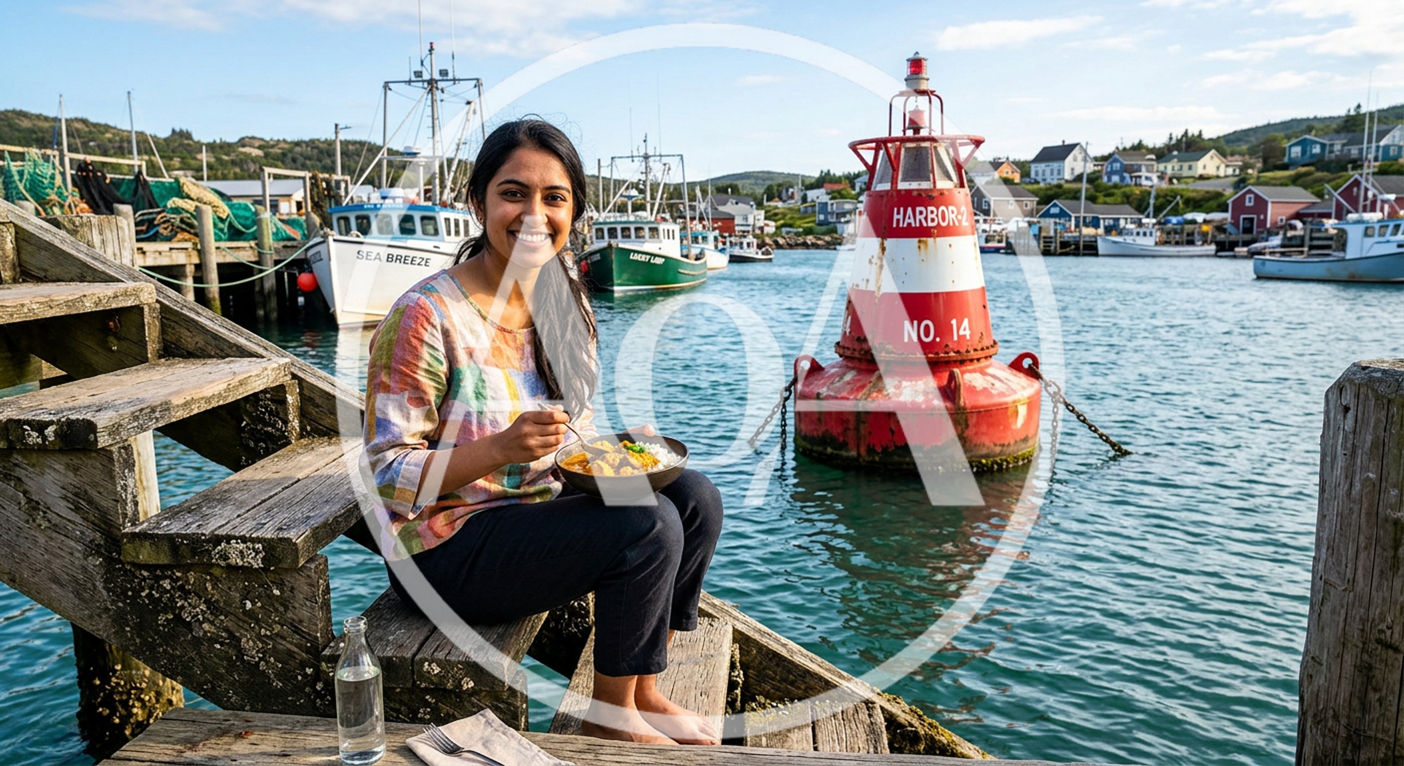 Young Woman Eating Curry On A Wooden Harbor Dock