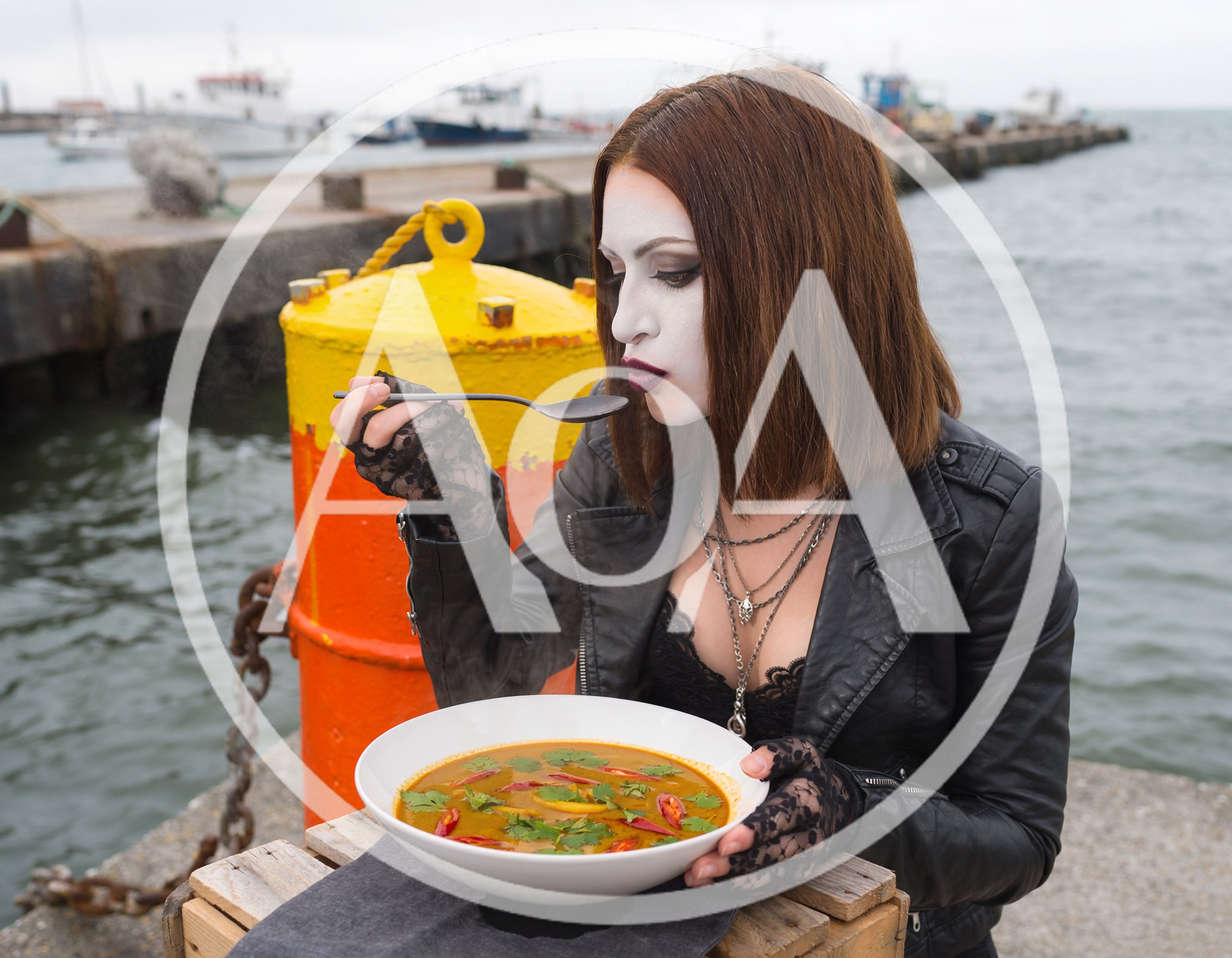 Goth Woman Eating Soup At A Harbor Pier