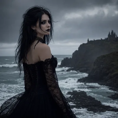 Gothic Woman Standing On A Rocky Cliffside By The Sea