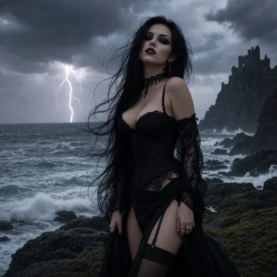 Gothic Woman Standing On Rocky Coastline During Storm