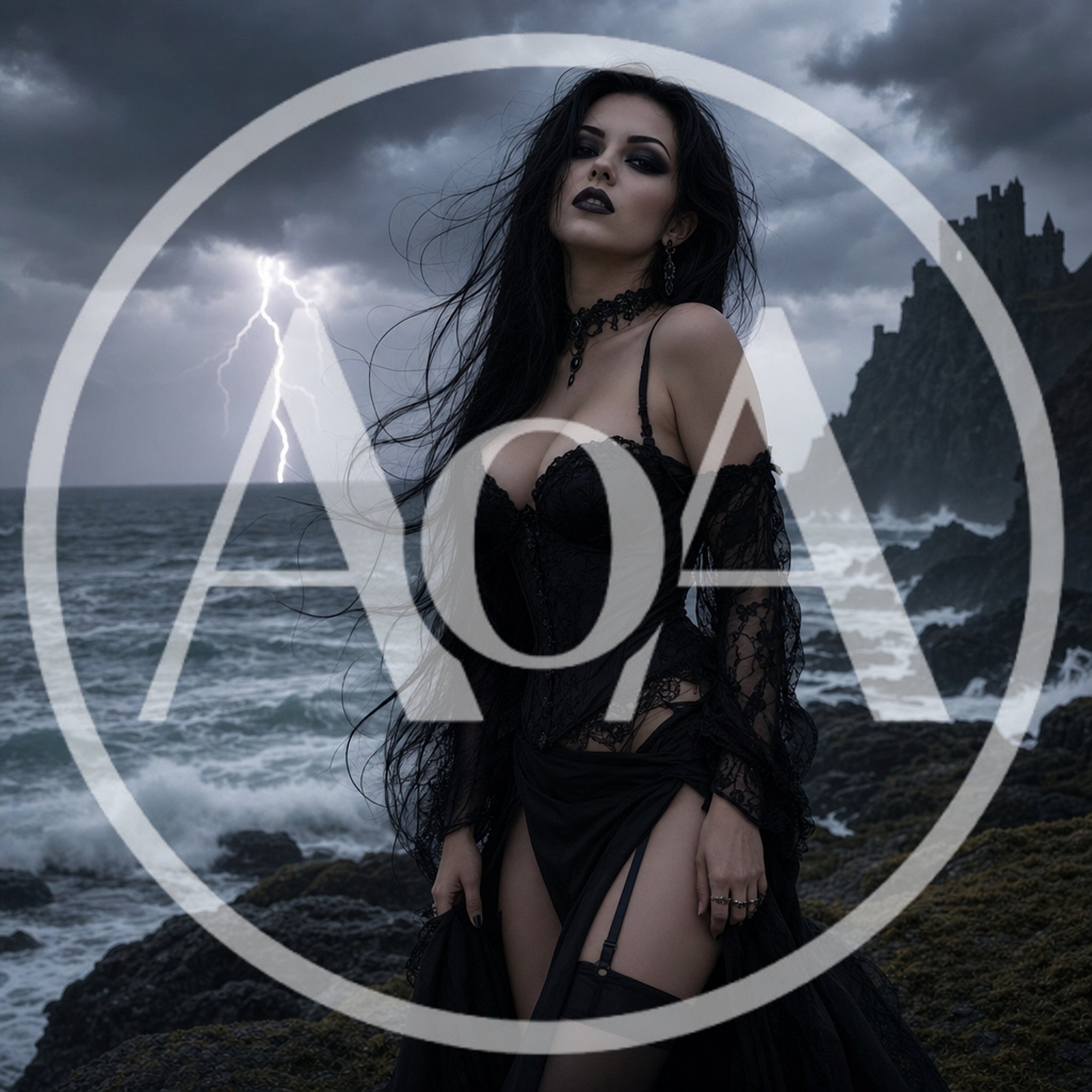 Gothic Woman Standing On Rocky Coastline During Storm