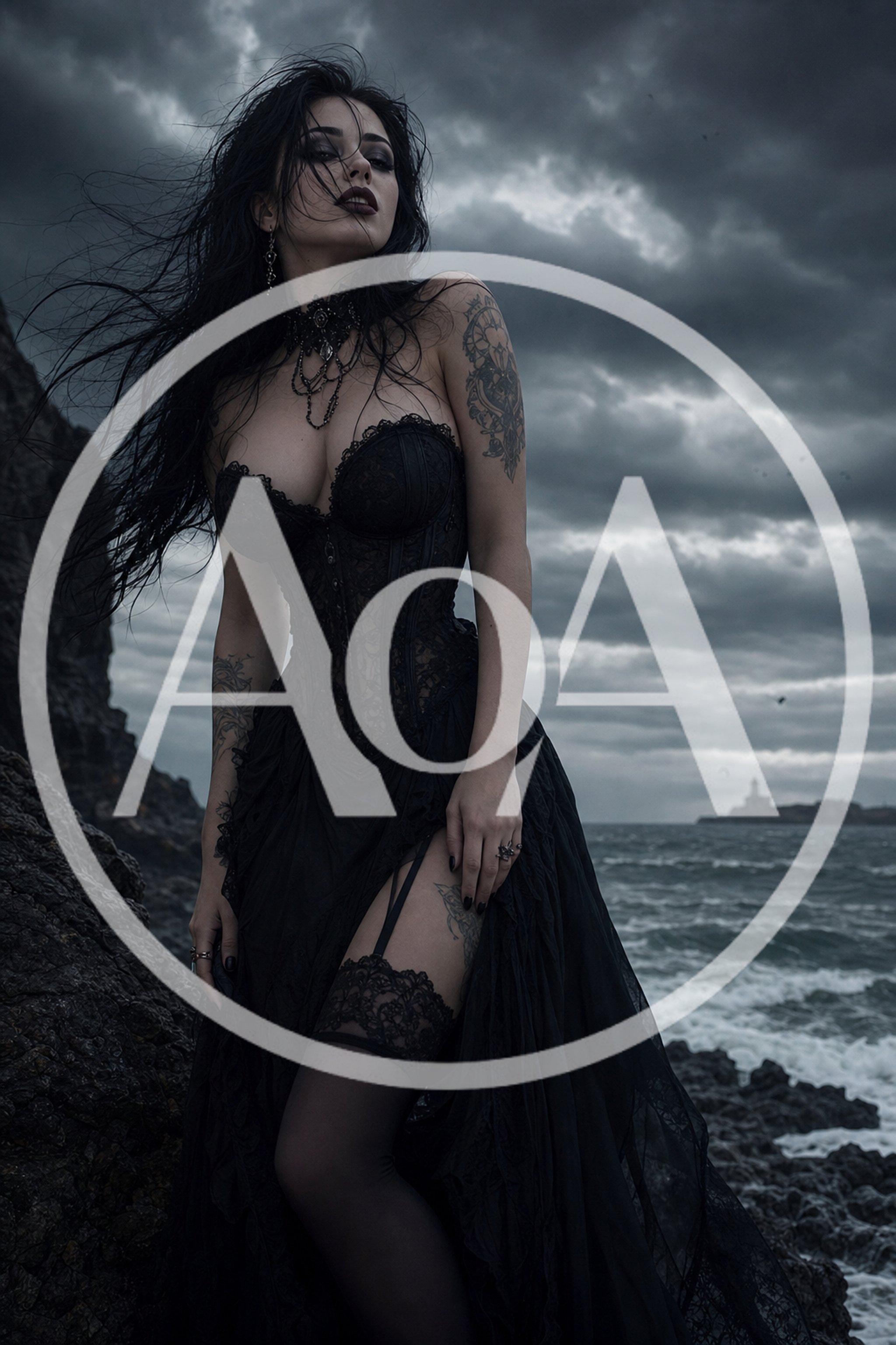 Gothic Woman Standing on Rocky Shoreline