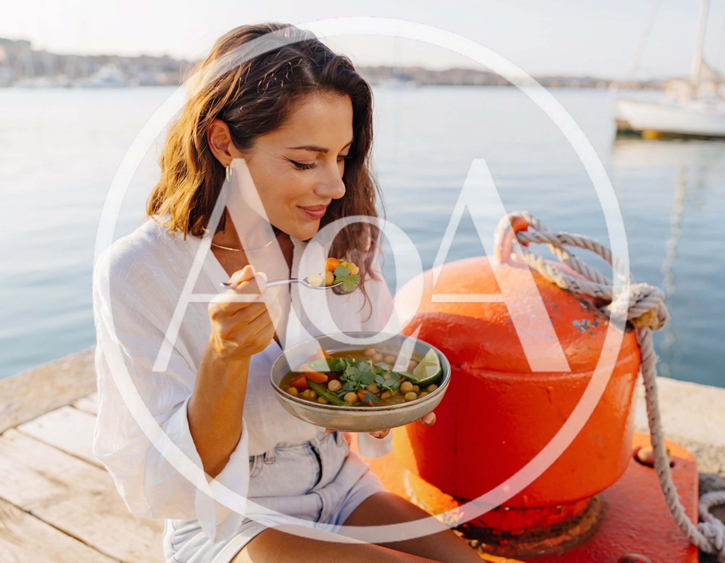 Woman Eating Healthy Chickpea Soup By The Harbor