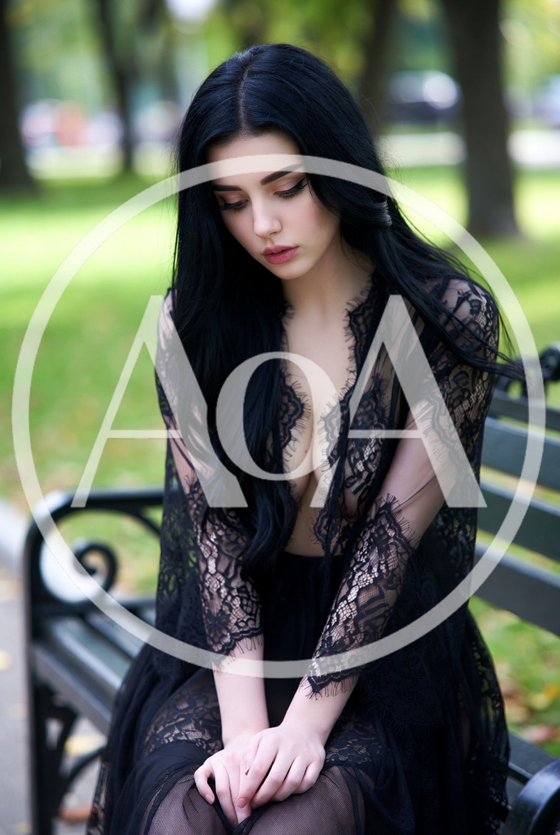 Young Woman With Long Black Hair Sitting On Park Bench