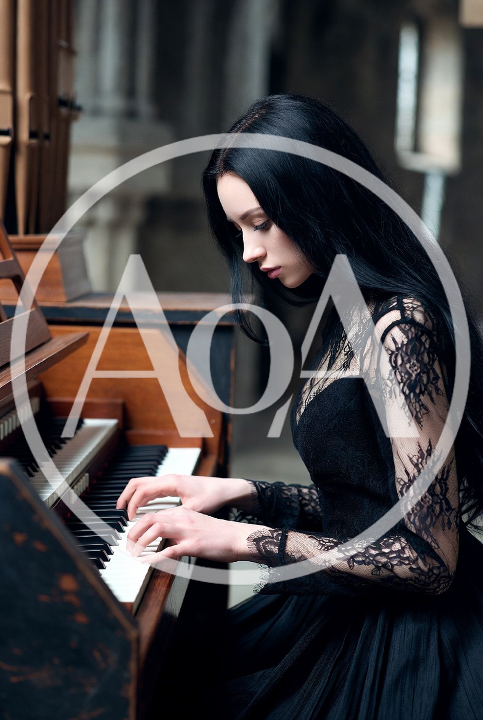 Gothic Woman Playing A Vintage Pipe Organ