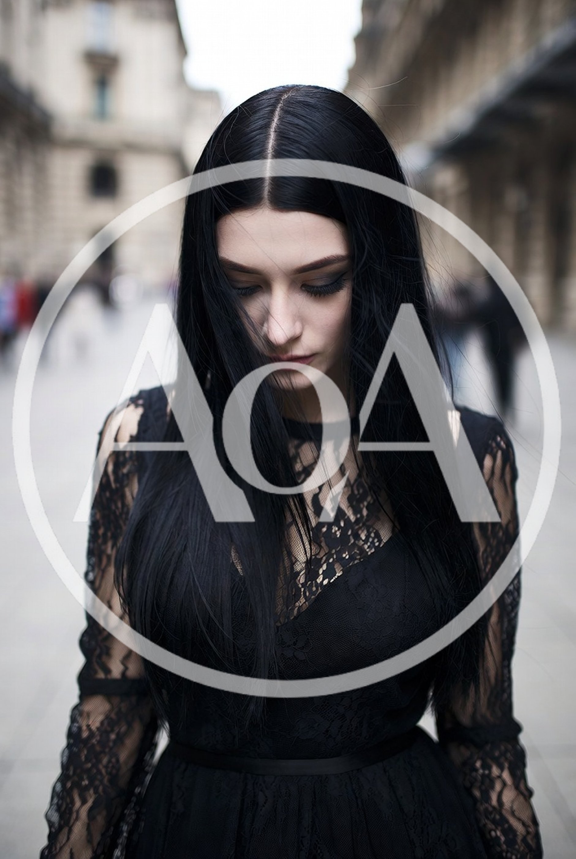 Young Woman With Long Black Hair In Lace Dress