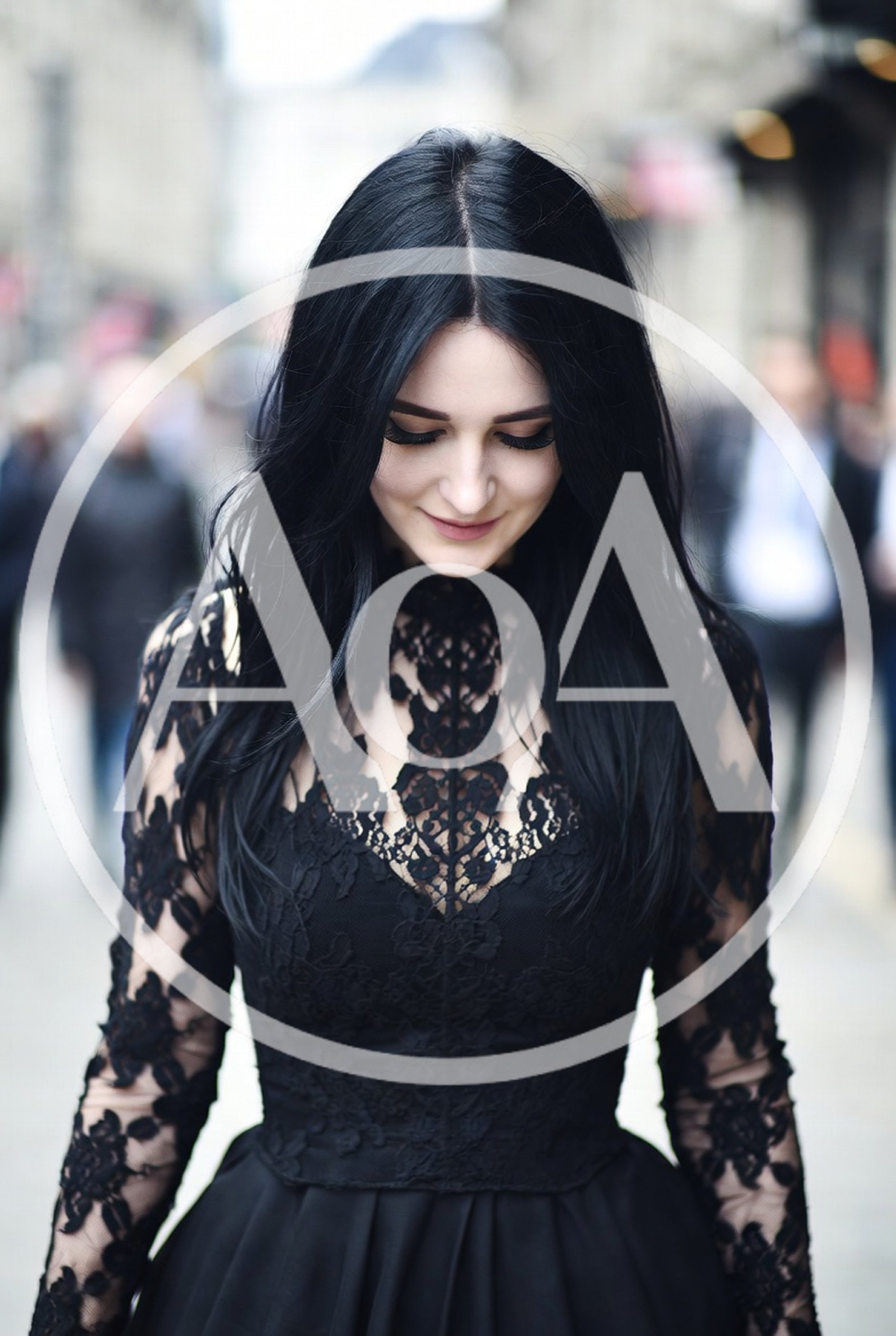 Young Woman With Long Black Hair Wearing Lace Dress
