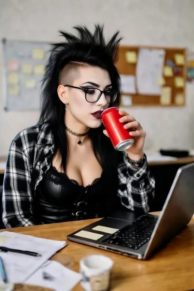 Goth Woman Working On Laptop While Drinking Soda