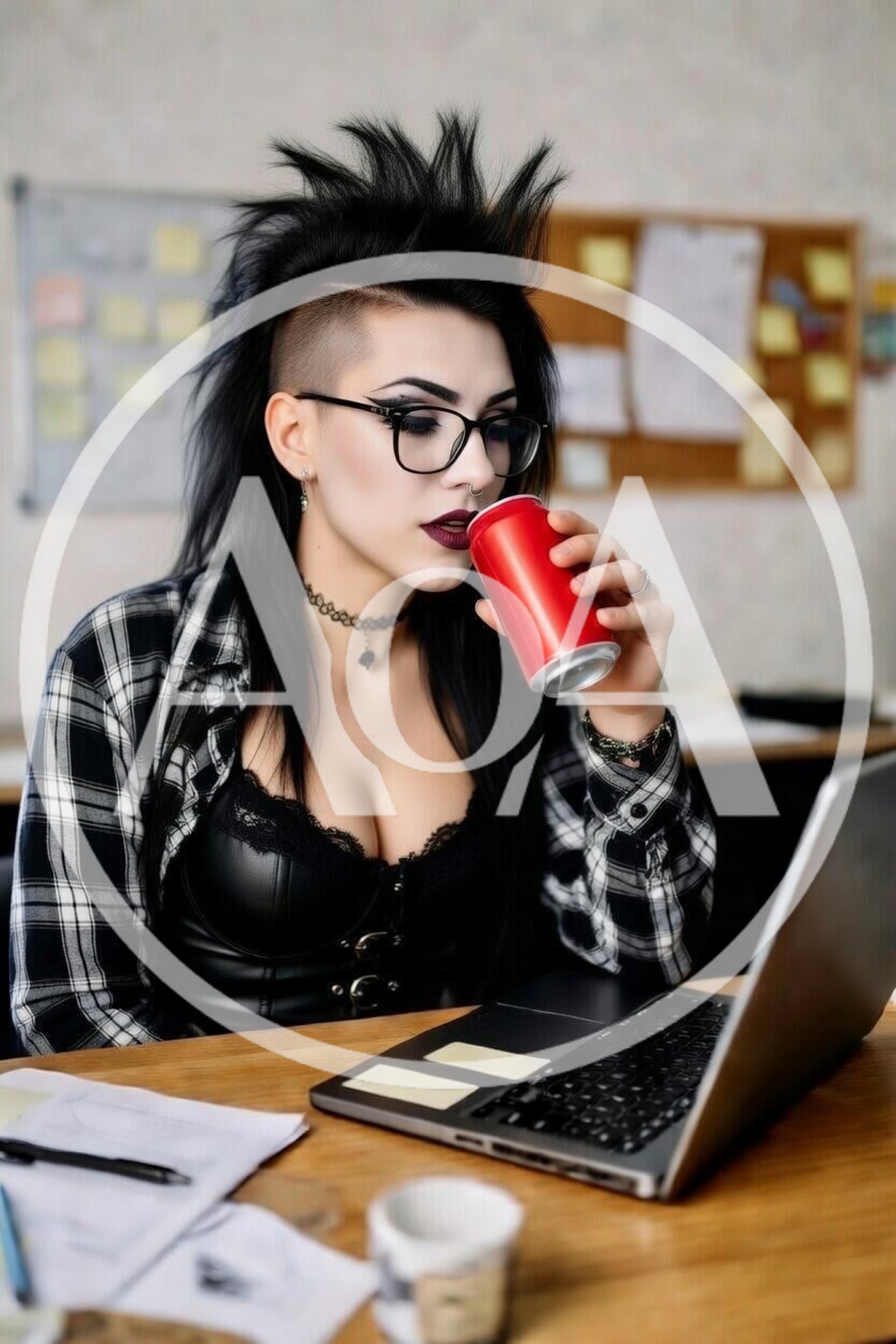 Goth Woman Working On Laptop While Drinking Soda