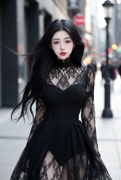 Young Woman In Elegant Black Lace Dress Walking Outdoors