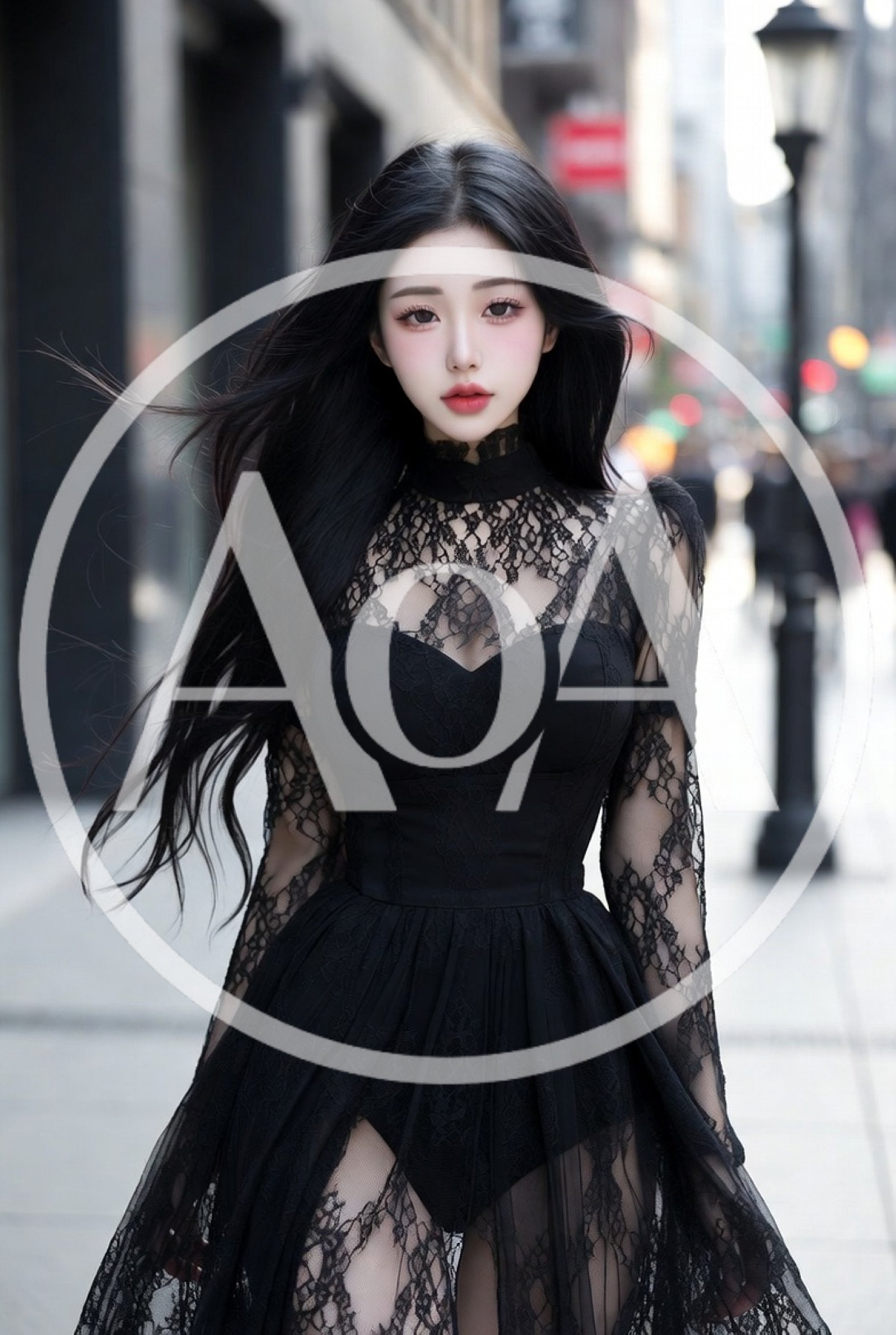 Young Woman In Elegant Black Lace Dress Walking Outdoors