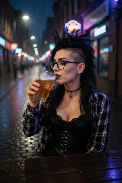 Punk Woman Drinking Beer In Rainy City Street