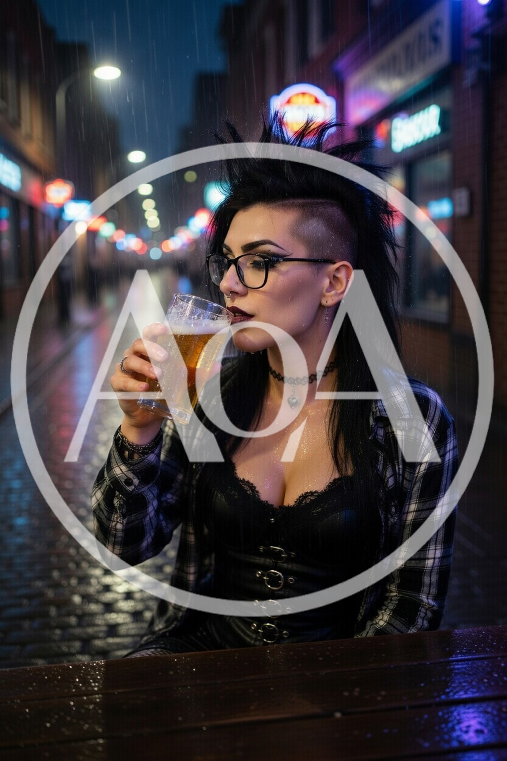 Punk Woman Drinking Beer In Rainy City Street