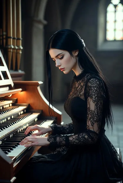 Elegant Woman Playing A Pipe Organ In A Church