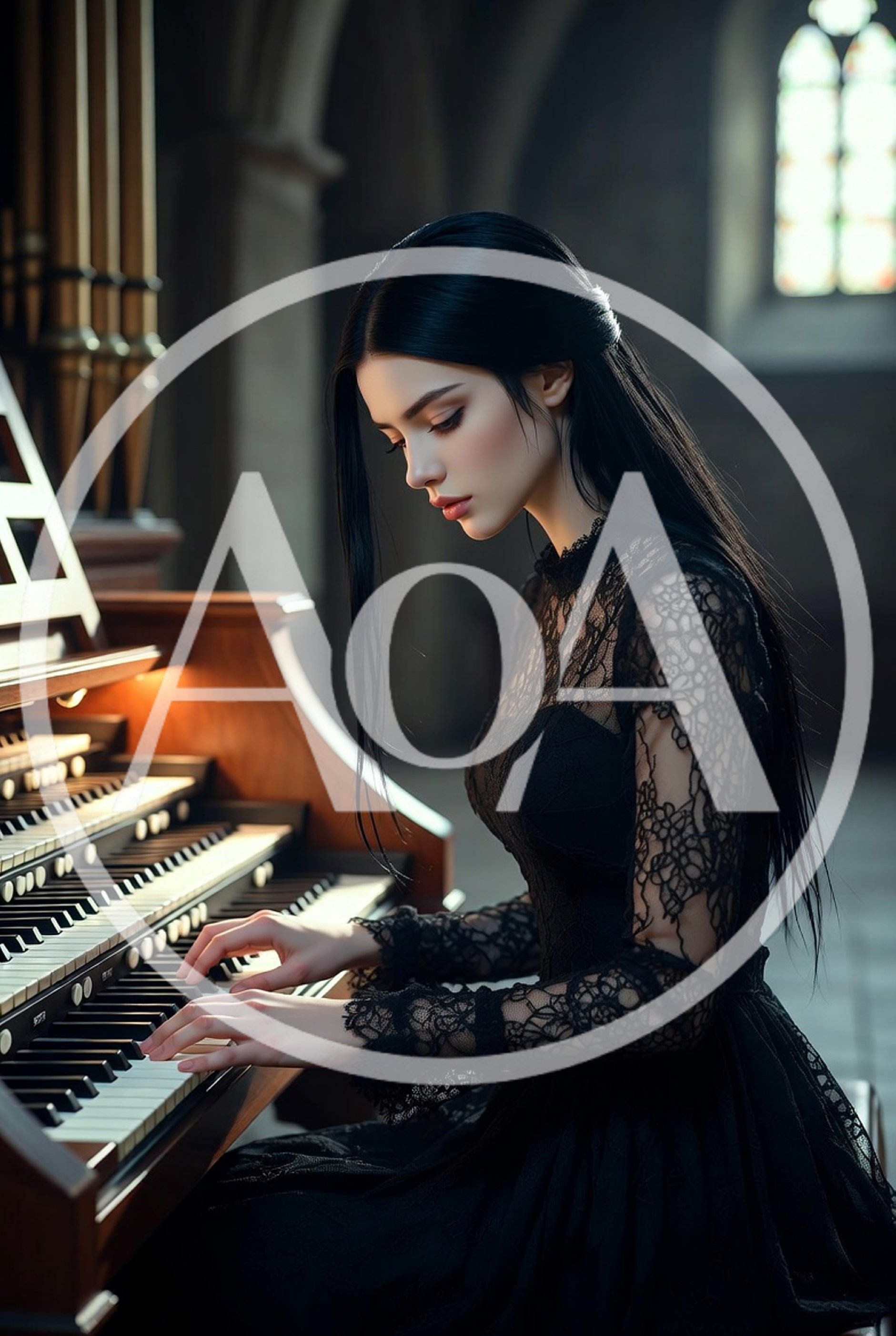 Elegant Woman Playing A Pipe Organ In A Church