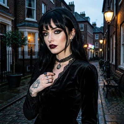 Gothic Woman Standing on a Cobblestone Street