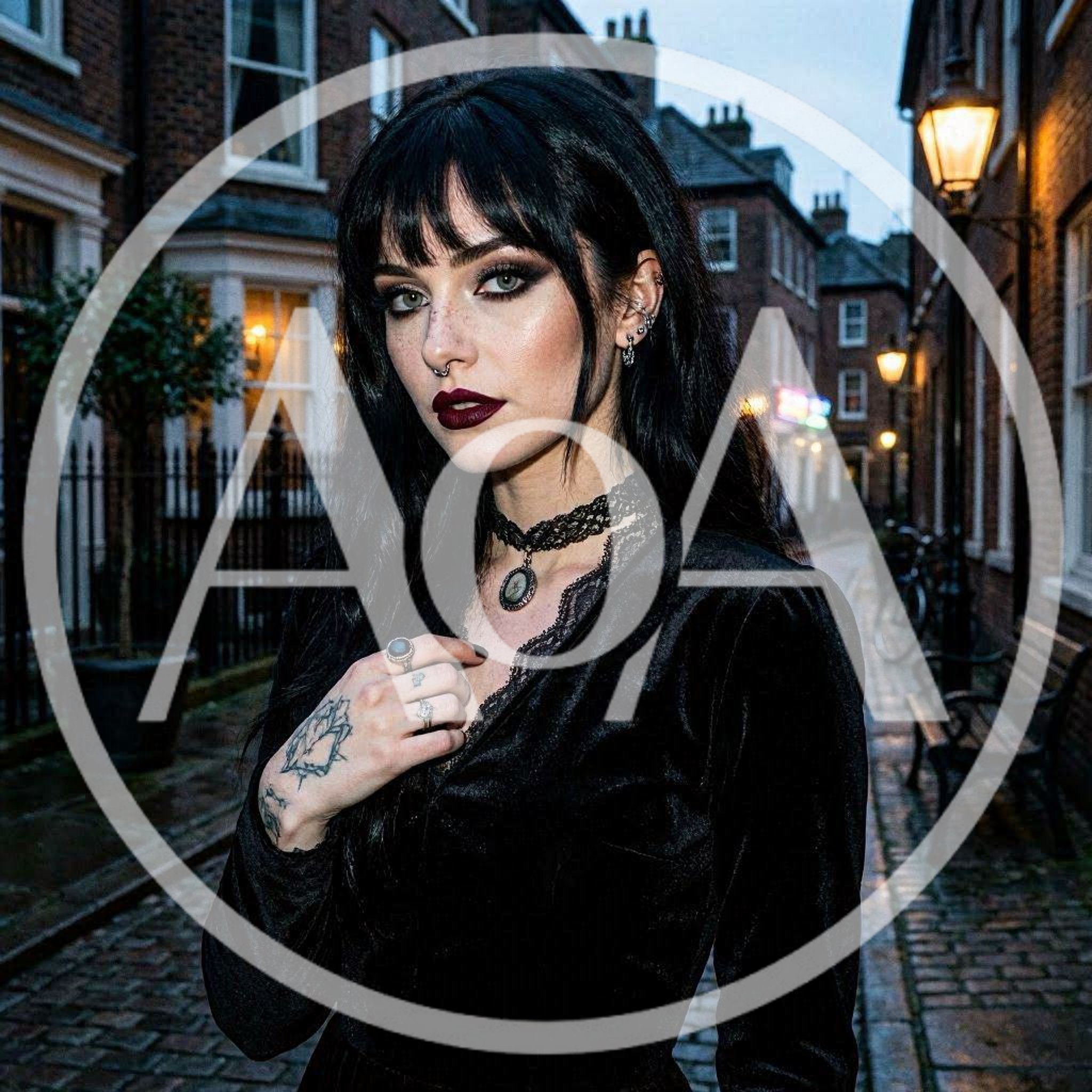 Gothic Woman Standing on a Cobblestone Street