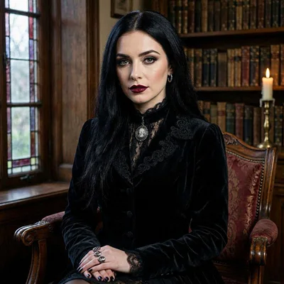 Gothic Woman Sitting In A Vintage Library