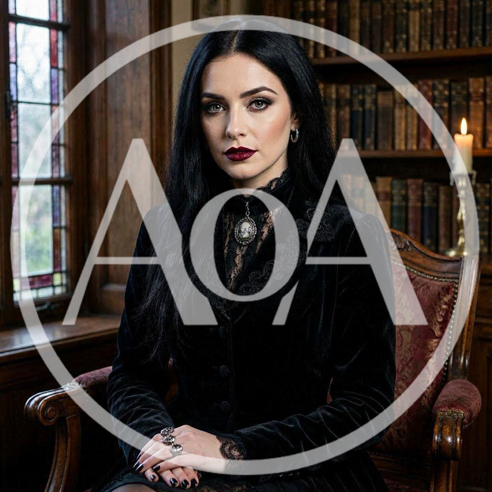 Gothic Woman Sitting In A Vintage Library
