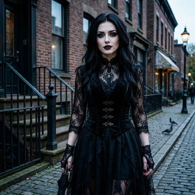 Gothic Woman Standing On A Cobblestone Street