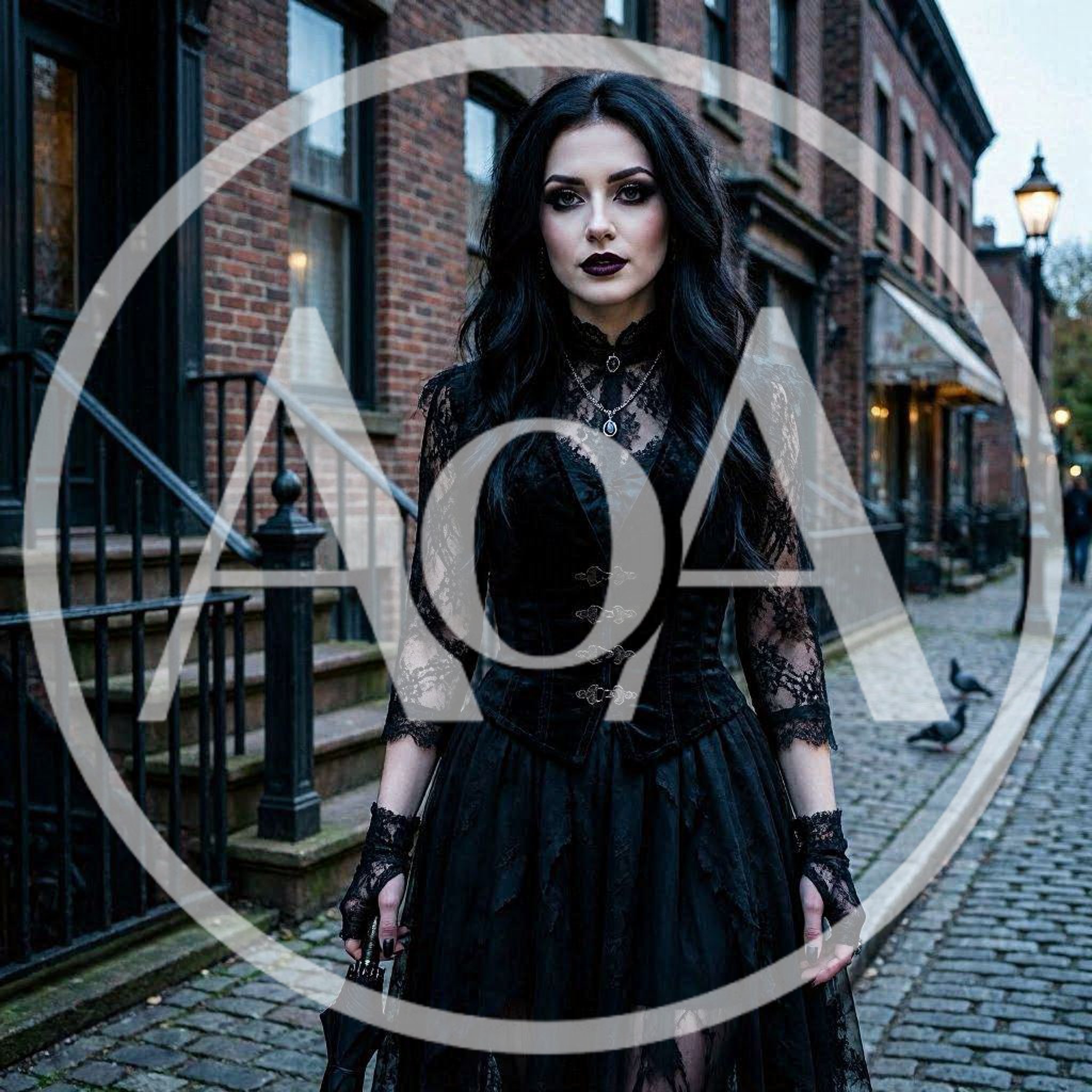 Gothic Woman Standing On A Cobblestone Street