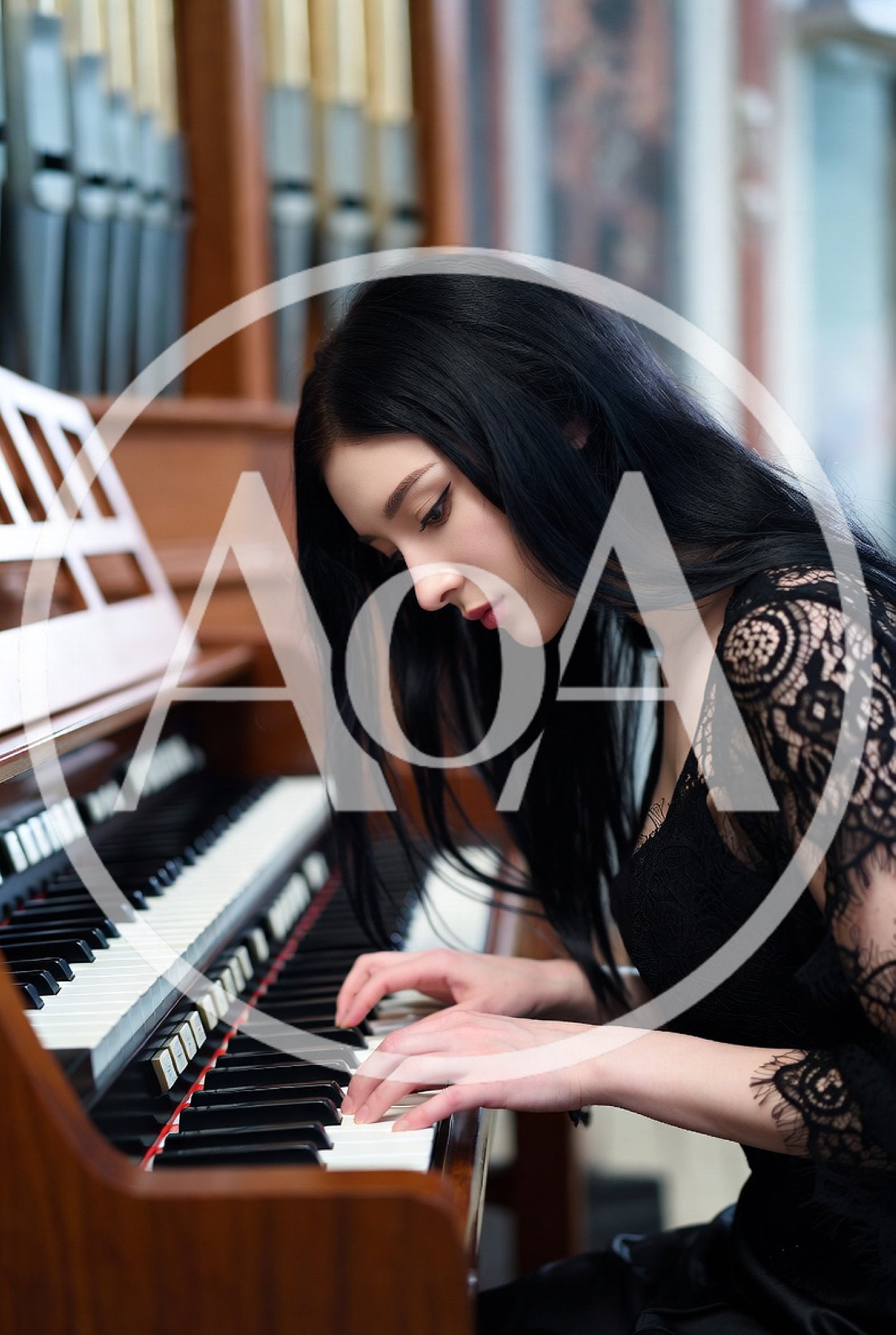 Young Woman Playing A Vintage Pipe Organ